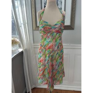 ABS by Allen Schwartz Halter Dress Multicolor Abstract Ruched Cocktail Size 6